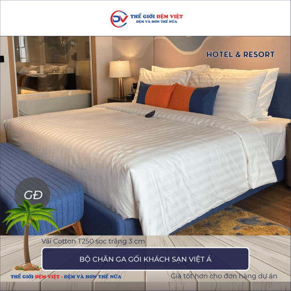 Bộ chăn ga gối khách sạn Việt Á vải Cotton T250 sọc trắng 3cm 5